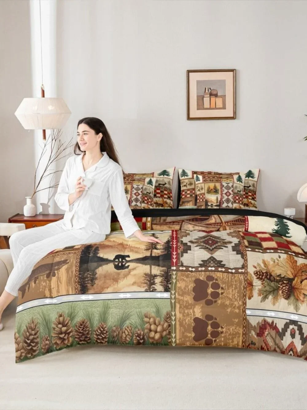 Rustic Cabin Comforter Set Queen Size,7 Pieces Farmhouse Lodge Bedding Set,Wildl